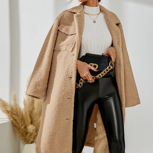 Khaki Casual Boho Drop Shoulder Flap Pocket Teddy Coat - Picture 2 of 5